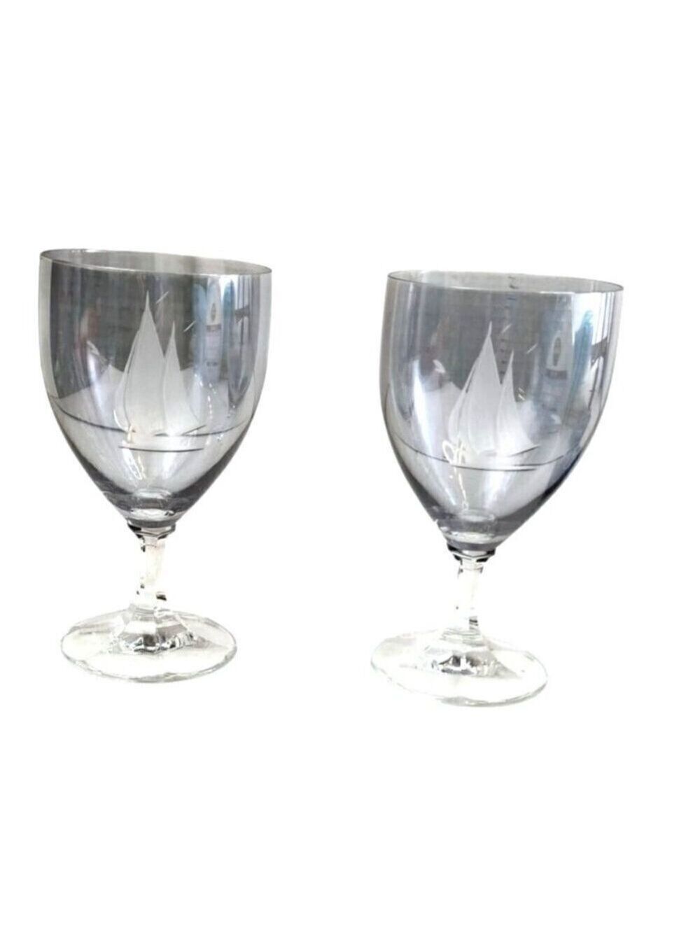 Gray Crystal Etched Sailboat Stemmed Glasses 6" Tall Elegant Nautical Design Go